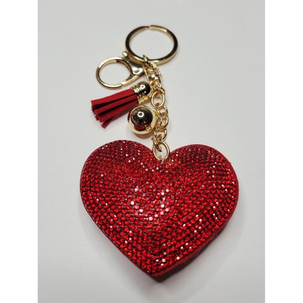 NWT Big Red And Gold Puffy Heart Keychain Bag Charm With Rhinestones And Tassel